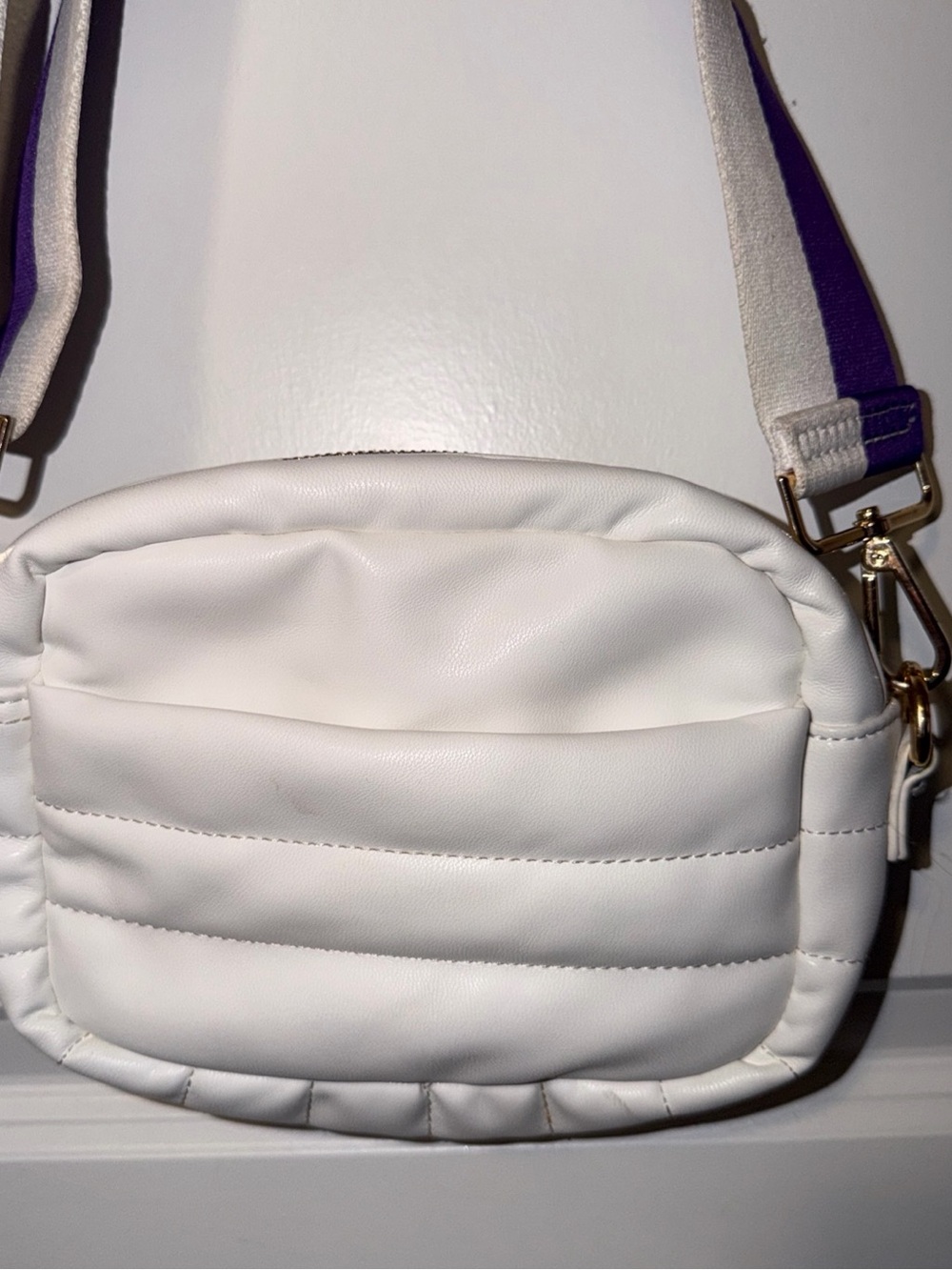 White Quilted Crossbody Bag with Contrast Purple-Trim Strap